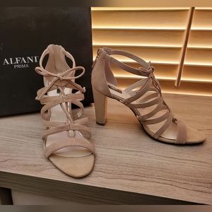Alfani, tan suede, strappy, chunky heel sandals. Women's size 8.